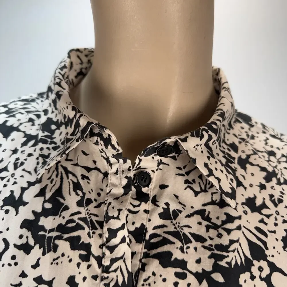 Lafayette 148 Womens Floral Button Up Blouse Top Shirt Size L Cream Black Cotton - Picture 2 of 7